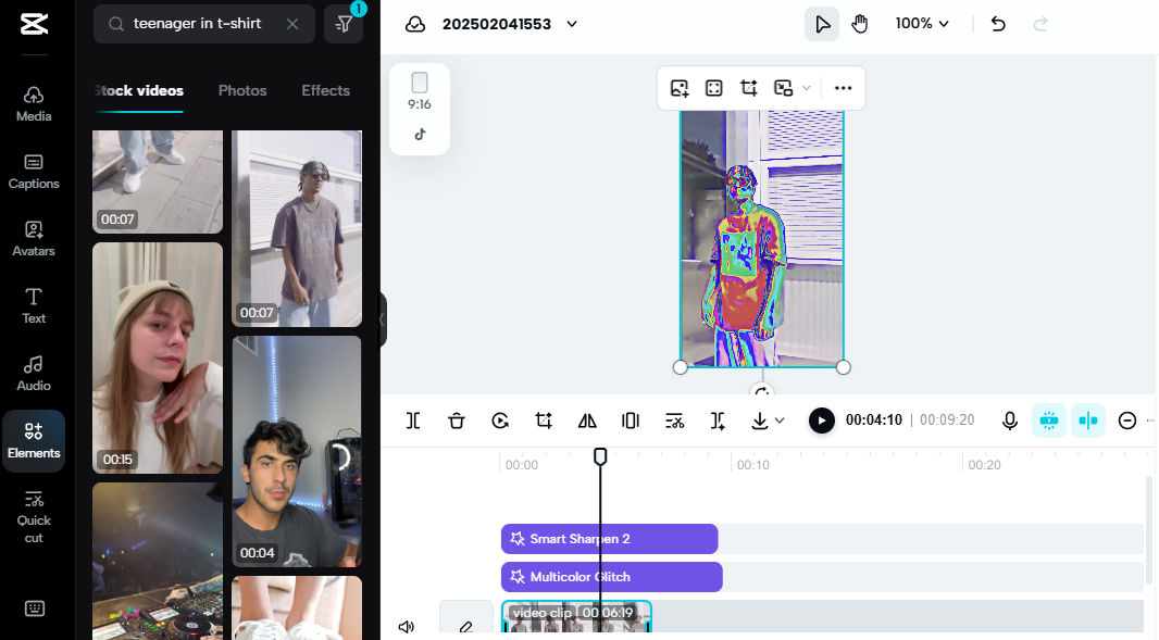 Pippit editing interface with a multicolor glitch effect applied, ideal for print-on-demand content.